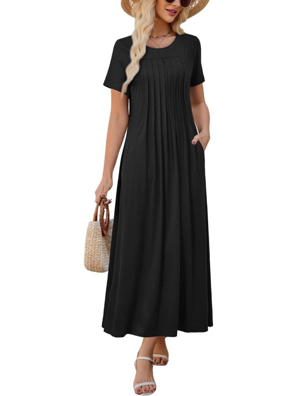 Women's Black Summer Casual Short Sleeve Crewneck Pleated Flowy Beach Maxi Dress